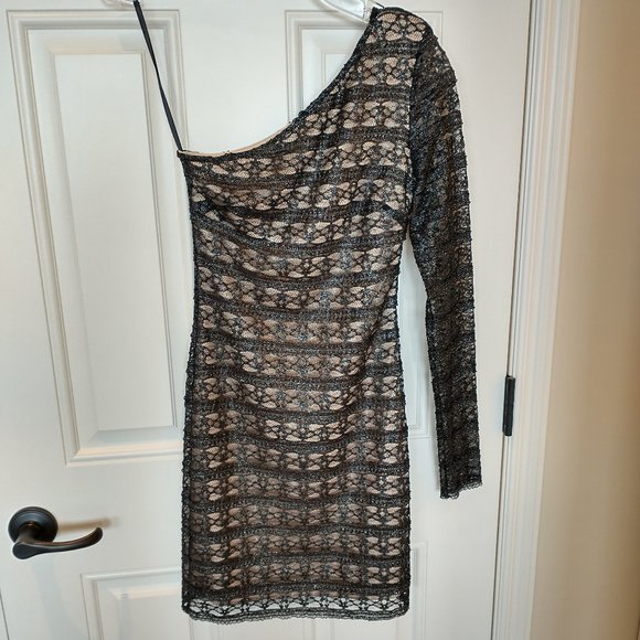 Bebe Size XS black/silver lace bodycon dress with one sleeve - Picture 1 of 12
